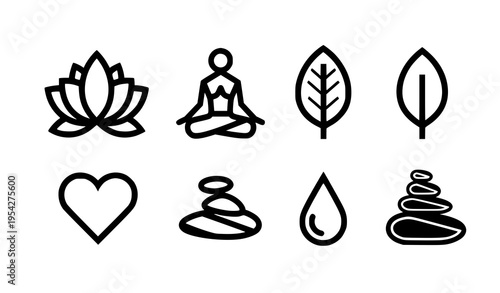 A set of minimalist line art icons representing yoga and meditation concepts