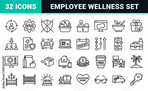 Professional Human Resources and Employee Benefits Icon Set featuring Ultra-Minimalist Geometric Outlines for Corporate Wellness and Finance.