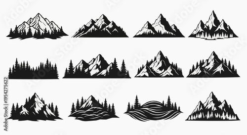 Collection of twelve artistic black and white mountain range illustrations with pine tree forests