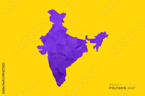 India Map - Low poly polygon map in vibrant purple gradient on bold yellow background, modern minimal geometric style, clean digital vector illustration.
