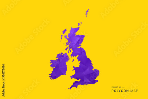 United Kingdom Map - Low poly polygon map in vibrant purple gradient on bold yellow background, modern minimal geometric style, clean digital vector illustration.
