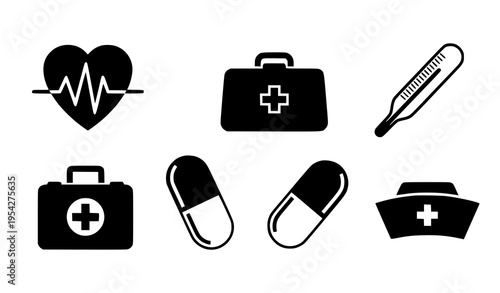 A set of medical icons including a heart, pills, and a nurse's hat