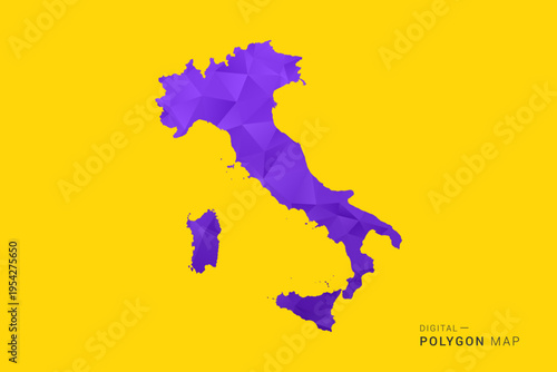 Italy Map - Low poly polygon map in vibrant purple gradient on bold yellow background, modern minimal geometric style, clean digital vector illustration.