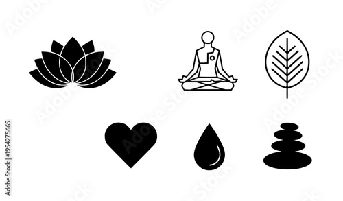 A set of minimalist vector icons representing meditation and wellness