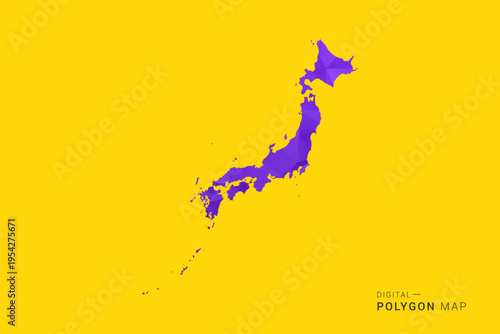 Japan Map - Low poly polygon map in vibrant purple gradient on bold yellow background, modern minimal geometric style, clean digital vector illustration.