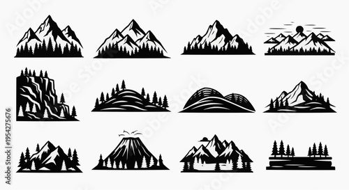 A collection of twelve diverse black and white mountain landscape silhouettes with pine tree motifs