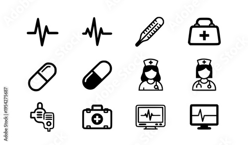 A set of medical icons including pills, nurses, and heart rate monitors