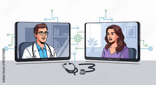 A doctor and patient engage in a virtual consultation on two computer screens with a stethoscope on the desk in front.