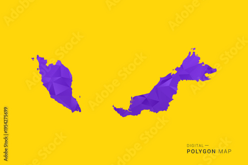 Malaysia Map - Low poly polygon map in vibrant purple gradient on bold yellow background, modern minimal geometric style, clean digital vector illustration.