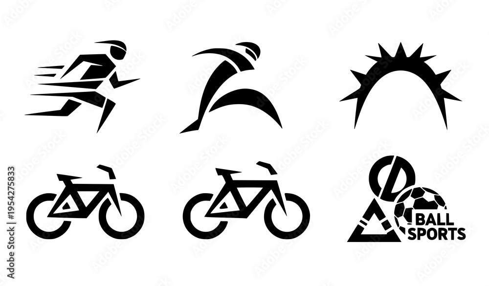 Fototapeta premium A set of six black and white vector graphic icons depicting various sports