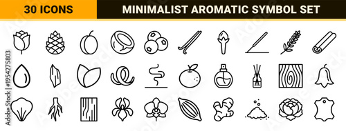 Fragrance Top Notes and Perfumery Ingredients Ultra-minimalist Monoline Icon Set, Geometric Essential Oil Botanical Symbols for Cosmetic Design
