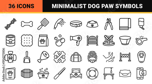 Canine Pet Care Geometric Line Art Collection Featuring Minimalist Paw Prints Bone Outlines and Veterinary Equipment for Professional Branding.