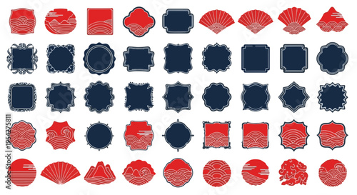 Elegant graphic collection inspired by traditional elements, displaying a variety of red and dark frames, fans, and ornamental circular designs. Perfect for conveying a sense of heritage and style. 