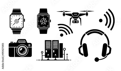 A set of modern technology icons in a flat minimal design style