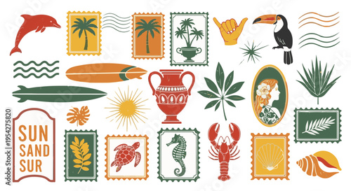 Vibrant vacation-themed collection featuring various icons and illustrations that evokes the spirit of a summer getaway. Explore icons and illustrations of beach, sea life, natural element and travel.