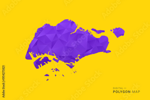 Singapore Map - Low poly polygon map in vibrant purple gradient on bold yellow background, modern minimal geometric style, clean digital vector illustration.