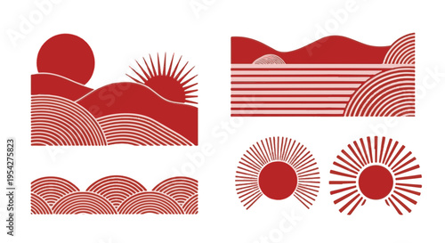A geometric collection of vibrant red sun and landscape designs. These creative patterns evoke a sense of warmth, energy, and artistic expression.