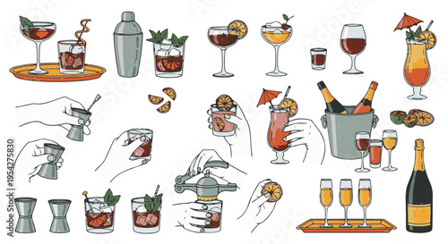 Captivating illustrations of a variety of expertly crafted cocktails, from classic favorites to exotic concoctions, ready to inspire and quench thirst.