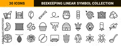 Beekeeping and Apiology Linear Icon Set Featuring Minimalist Bee Silhouettes Honeycomb Structures and Sustainable Honey Production Symbols