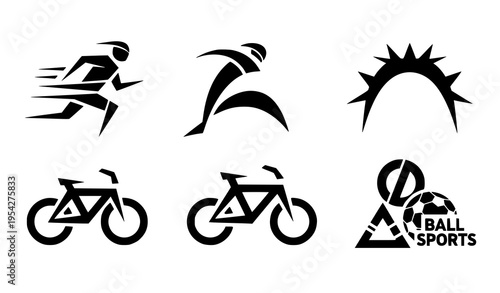 A set of six black and white vector graphic icons depicting various sports