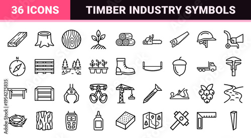 Ultra-minimalist Forestry and Wood Industry Monoline Icon Set Featuring Geometric Timber Symbols for Professional Logging and Woodworking Design.