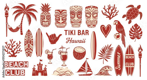 A vibrant collection of tropical themed elements, evokes a sense of paradise. Hand-drawn design.