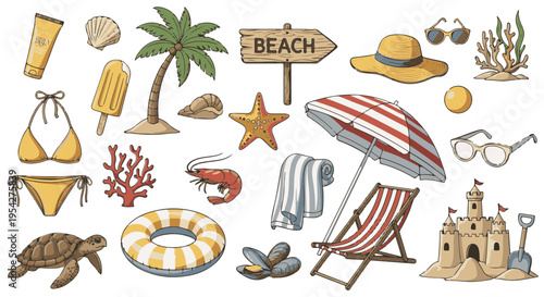 An array of summer essentials: hand-drawn illustrations of beach items, from sunblock to sandcastles, evoke a feeling of relaxation and summertime fun.