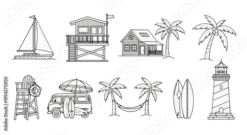 Illustrated seaside scene featuring a sailboat, beachfront houses, lifeguard towers, palm trees, surfboards and lighthouse in a monochromatic aesthetic.