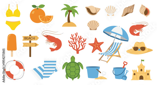 A collection of summer themed isolated objects on background evokes a sense of tropical bliss, perfect for travel concepts. 