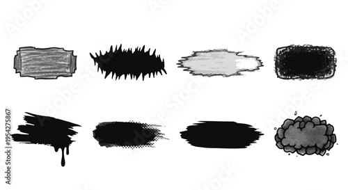 Eight expressive hand-drawn graphic design elements in a diverse array of styles, each with unique textures and forms, perfect for adding a touch of artistry. 