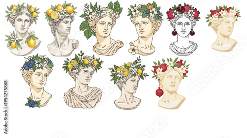 An artistic portrayal of antique busts adorn with an array of floral crowns, bringing ancient artistry to life with a fresh botanical twist.