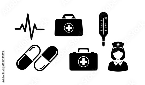 A set of medical icons including a nurse, pills, and first aid kit
