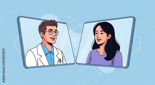 A vector graphic illustration of a male and female in a virtual meeting on a light blue background
