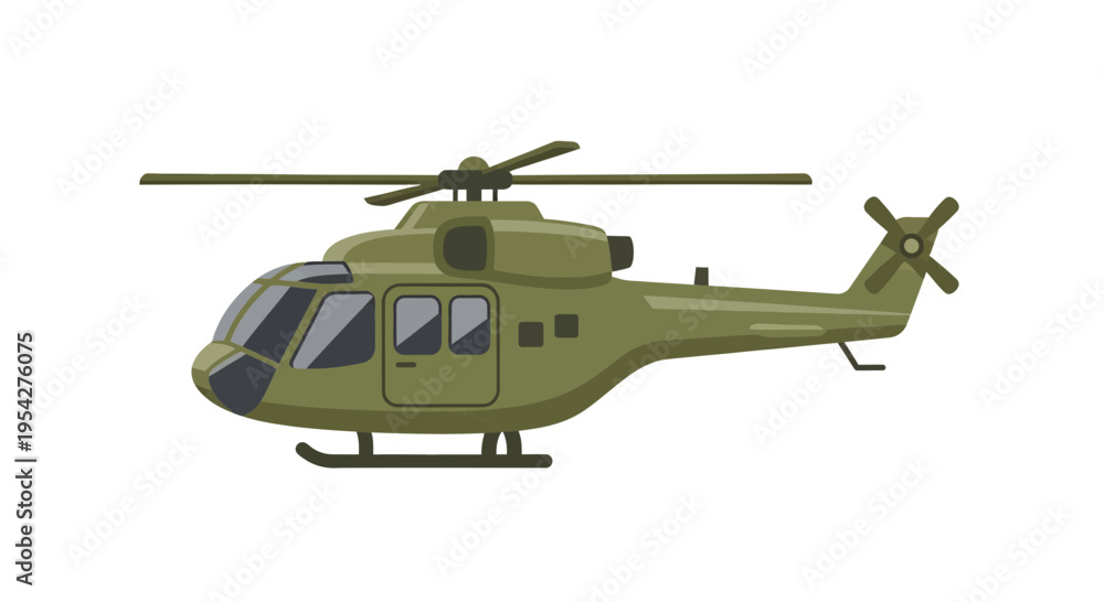 Fototapeta premium Olive Green Military Helicopter Isolated on White Backdrop for Graphic Design