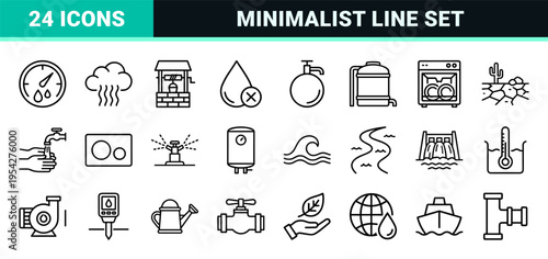 Ultra-Minimalist Water Conservation Icon Set featuring Geometric Line Art Symbols for Liquid Management and Ecological Sustainability.