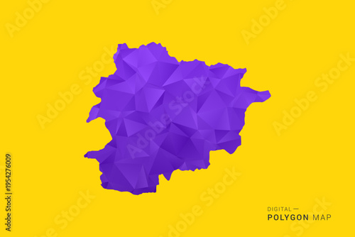 Andorra Map - Low poly polygon map in vibrant purple gradient on bold yellow background, modern minimal geometric style, clean digital vector illustration.