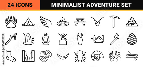 Outdoor Recreation and Nature Tourism Ultra-Minimalist Monoline Outline Icons for Sustainable Travel and Wilderness Navigation Interface Design.