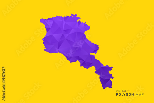 Armenia Map - Low poly polygon map in vibrant purple gradient on bold yellow background, modern minimal geometric style, clean digital vector illustration.