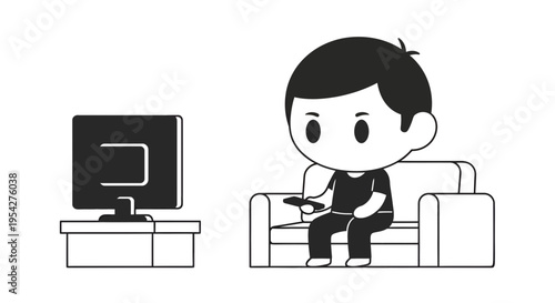 Monochrome illustration depicting a character engrossed in television viewing from a couch