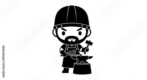Monochromatic blacksmith character illustration working at his anvil with tools present