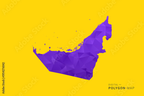 United Arab Emirates Map - Low poly polygon map in vibrant purple gradient on bold yellow background, modern minimal geometric style, clean digital vector illustration.