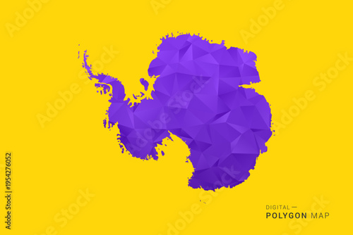 Antarctica Map - Low poly polygon map in vibrant purple gradient on bold yellow background, modern minimal geometric style, clean digital vector illustration.