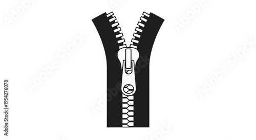 Open zipper illustration in black and white representing closure or opening mechanism