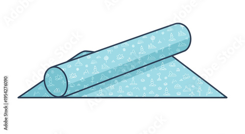 Pastel blue yoga mat rolled with zen symbols offers a peaceful exercise space