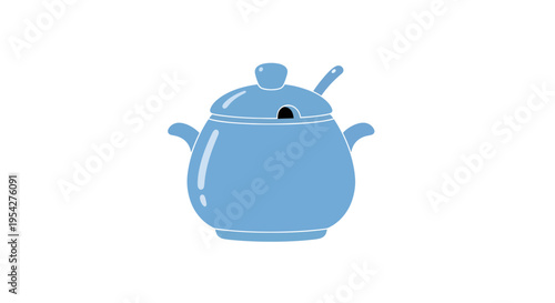 Pastel Blue Ceramic Sugar Bowl with Lid and Spoon on a White Background