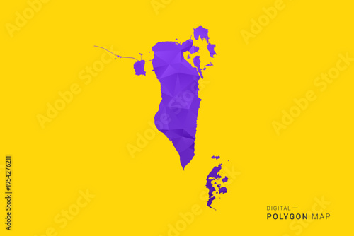 Bahrain Map - Low poly polygon map in vibrant purple gradient on bold yellow background, modern minimal geometric style, clean digital vector illustration.