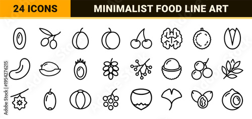 Botanical Stone Fruit and Drupe Icon Set featuring Ultra-Minimalist Monoline Geometric Line Art for Commercial Grocery and Agriculture Web Design.