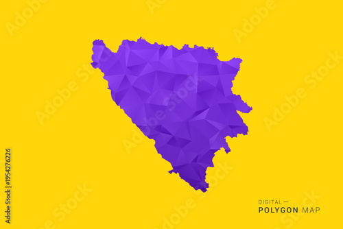 Bosnia and Herzegovina Map - Low poly polygon map in vibrant purple gradient on bold yellow background, modern minimal geometric style, clean digital vector illustration.