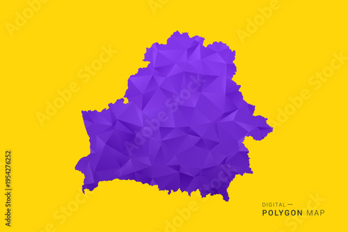 Belarus Map - Low poly polygon map in vibrant purple gradient on bold yellow background, modern minimal geometric style, clean digital vector illustration.