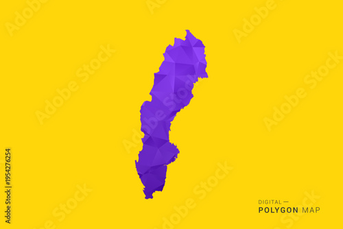 Sweden Map - Low poly polygon map in vibrant purple gradient on bold yellow background, modern minimal geometric style, clean digital vector illustration.